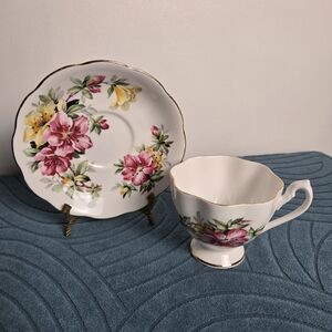 Floral Porcelain Teacup and Saucer Set in White with Pink & Yellow Flowers